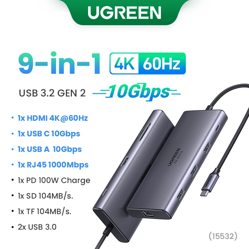 UGREEN Hub USB-C Dual HDMI 10 em 1 – 8K / 4K, PD 100W, Ethernet Gigabit, SD/TF