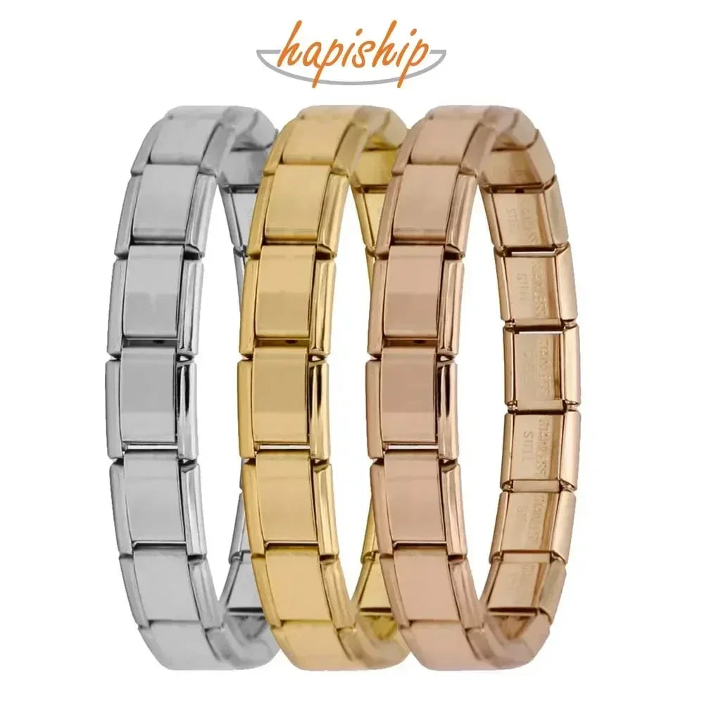 Pulseira Hapiship Feminina em Aço Inoxidável – 9 mm, Estilo Italiano, Elástica com Charms