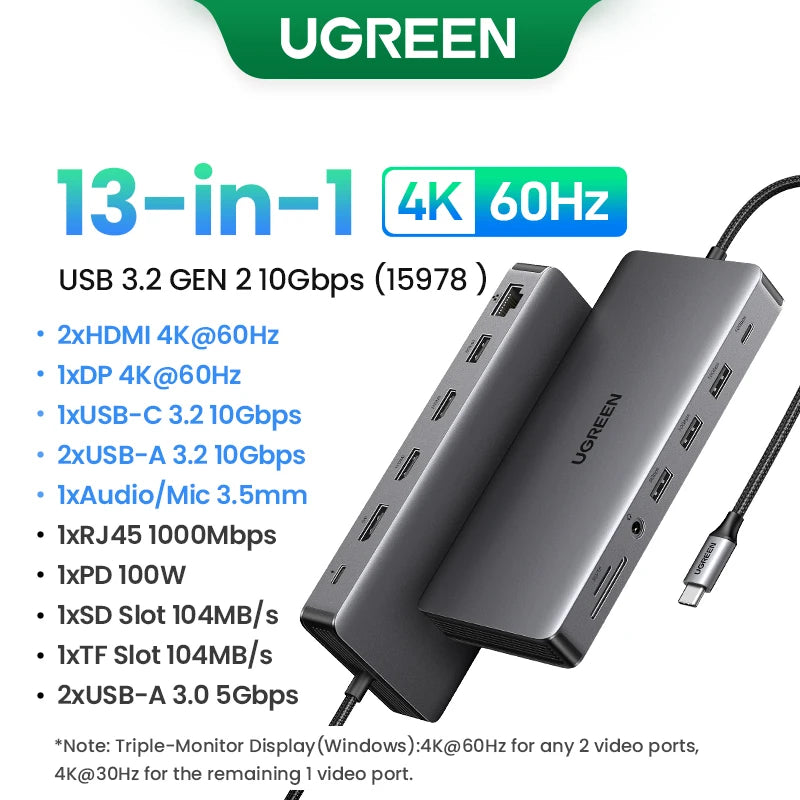 UGREEN Hub USB-C Dual HDMI 10 em 1 – 8K / 4K, PD 100W, Ethernet Gigabit, SD/TF