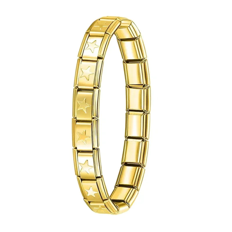 Pulseira Hapiship Feminina em Aço Inoxidável – 9 mm, Estilo Italiano, Elástica com Charms