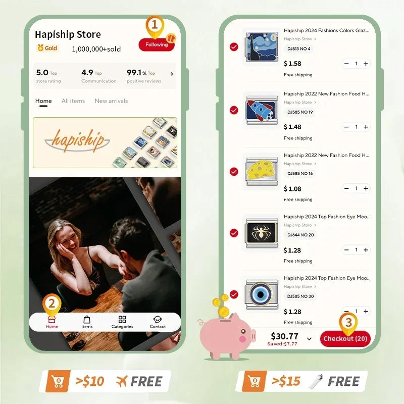 Pulseira Hapiship Feminina em Aço Inoxidável – 9 mm, Estilo Italiano, Elástica com Charms